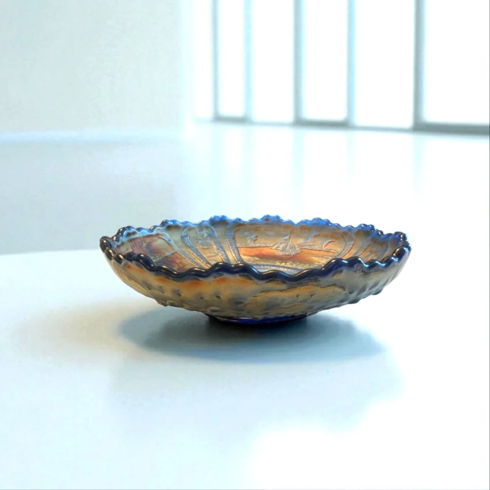 VINTAGE Fenton Glass Bowl Cobalt Blue Luminescent Gold Sailboat 6